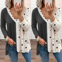 Fashion Lace Spliced V-neck Long Sleeve Contrast Color Star Printed T-shirt