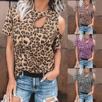 Sexy Off-shoulder Short Sleeve Round Neck Leopard Printed T-shirt