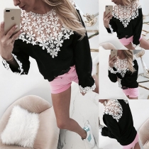Fashion Lace Spliced Long Sleeve Round Neck T-shirt
