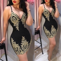 Sexy Backless V-neck Slim Fit Sling Printed Dress