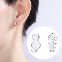 Cute Style Cat & Fish-bone Shaped Asymmetric Stud Earrings