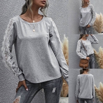 Fashion Lace Spliced Long Sleeve Round Neck T-shirt