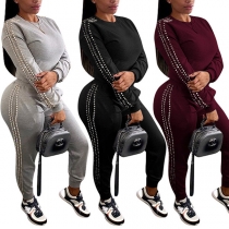 Fashion Long Sleeve Round Neck Beaded Top + Pants Two-piece Set