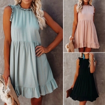 Simple Style Sleeveless Round Neck Ruffle Hem Solid Color Dress