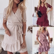 Sweet Style Short Sleeve V-neck Ruffle Hem Printed Dress
