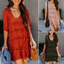 Sweet Style Lotus Sleeve V-neck Solid Color Ruffle Dress