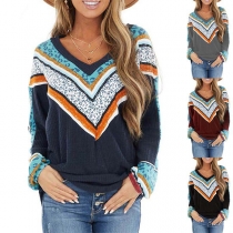 Fashion Printed Spliced Long Sleeve V-neck Knit Top