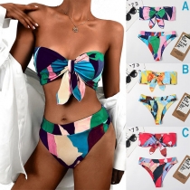 Sexy Colorful Printed Bow-knot Bandeau Bikini Set