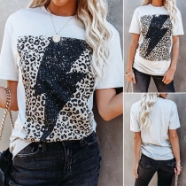 Casual Style Leopard Spliced Lightning Pattern Short Sleeve T-shirt