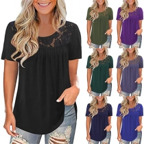 Fashion Solid Color Short Sleeve Round Neck Lace Spliced T-shirt