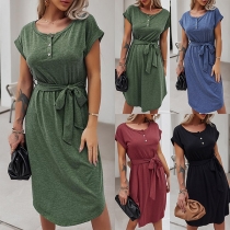 Simple Style Short Sleeve Round Neck Solid Color Dress