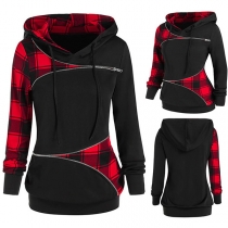Fashion Plaid Spliced Long Sleeve Hooded Sweatshirt