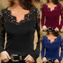 Sexy Lace Spliced Long Sleeve V-neck Solid Color T-shirt