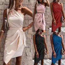Sexy One-shoulder Sleeveless Irregular Hem Solid Color Party Dress