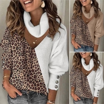 Fashion Contrast Color Leopard Spliced Long Sleeve V-neck Knit Top