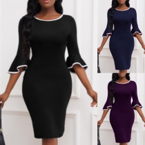 Fashion Contrast Color Half Sleeve V-neck Slim Fit Dress