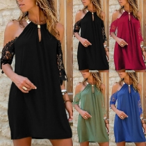 Sexy Off-shoulder Lace Spliced Short Sleeve Solid Color Halter Dress