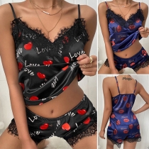 Sexy Backless V-neck Lace Spliced Printed Sling Top + Shorts Nightwear Set