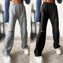 Casual Style Elastic Waist Solid Color Ripped Pants