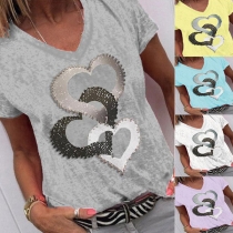 Fashion Heart Pattern Short Sleeve V-neck T-shirt