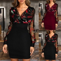 Sexy Gauze Spliced Long Sleeve V-neck Embroidered Slim Fit Dress