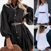 Fashion Lantern Sleeve Stand Collar Ruffle Hem Shirt Dress