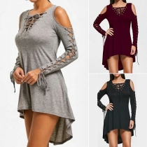 Sexy Off-shoulder Long Sleeve High-low Hem Lace-up Dress