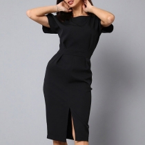 Fashion Solid Color Short Sleeve Round Neck High Waist Slim Fit Dress