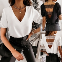 Sexy Lace Spliced Backless V-neck Short Sleeve Solid Color T-shirt