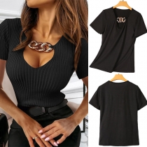 Fashion Short Sleeve Chain U-neck Solid Color Slim Fit Top