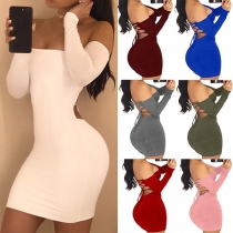 Sexy Backless Off-shoulder Boat Neck Long Sleeve Tight Dress