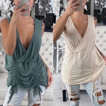 Sexy Deep V-neck Sleeveless Drawstring Hem Solid Color Top