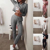 Fashion Solid Color Long Sleeve Hooded Crop Top + Pants Two-piece Set