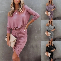 Sexy Oblique Shoulder Long Sleeve Solid Color Irregular Hem Dress