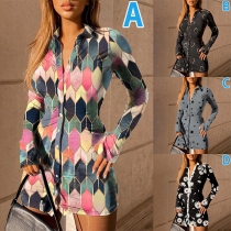 Fashion Long Sleeve POLO Collar Slim Fit Printed Dress