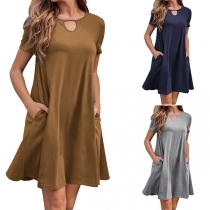 Fashion Solid Color Short Sleeve Round Neck Loose Dress