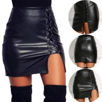 Fashion High Waist Slim Fit Lace-up PU Leather Skirt