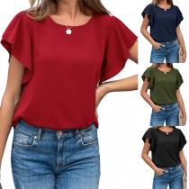 Fashion Lotus Sleeve Backless Solid Color T-shirt