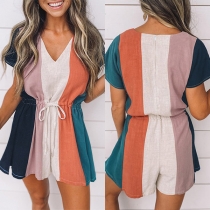 Fashion Contrast Color Short Sleeve V-neck High Waist Romper