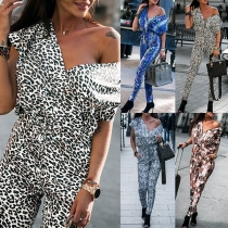 Sexy V-neck Short Sleeve High Waist Leopard Printed Jumpsuit