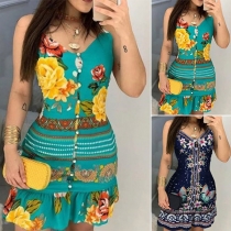 Sexy Backless V-neck Ruffle Hem Printed Sling A-line Dress