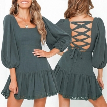 Sexy Lace-up Backless Square Collar Puff Sleeve Ruffle Hem Solid Color Dress