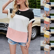 Fashion Contrast Color Short Sleeve Round Neck Slit Hem T-shirt Top