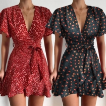 Sexy Deep V-neck Lotus Sleeve Ruffle Hem High Waist Printed Dress