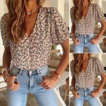 Fresh Style Short Sleve V-neck Printed Top Blouse