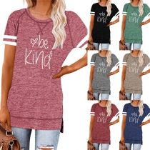 Contrast Color Short Sleeve Round Neck Slit Hem Letters Printed T-shirt