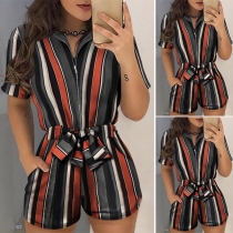 Fashion Short Sleeve POLO Collar Contrast Color Striped Printed Romper