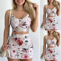 Sexy Backless V-neck Sleeveless Printed Crop Top + Skirt Two-piece Set