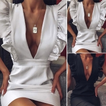 Sexy Deep V-neck Sleeveless High Waist Slim Fit Ruffle Dress