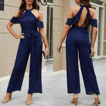 Sexy Off-shoulder High Waist Solid Color Jumpsuit